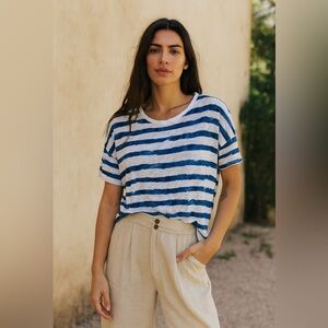 Lauren Ralph Lauren Blue&White Striped Boxy Linen Short Sleeve Shirt‎ Size Large
